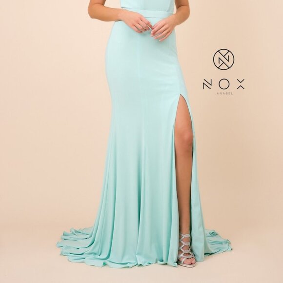 MINT GREEN PROM PARTY OPEN BACK Halter Neck Leg Slit SHEATH LONG Dress NXQ131 - Picture 3 of 8